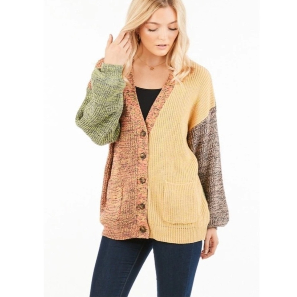 Loveriche Oversized Colorblock Chunky Knit Cardigan Sweater Large Grandpacore